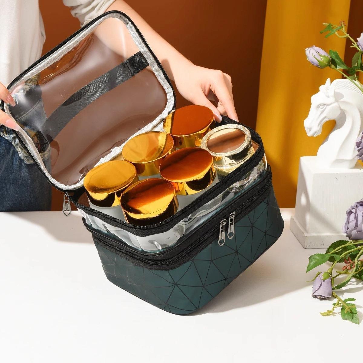 Portable Double-Layer Large Capacity Waterproof Cosmetic Bag Travel Toiletry Bag - Silver