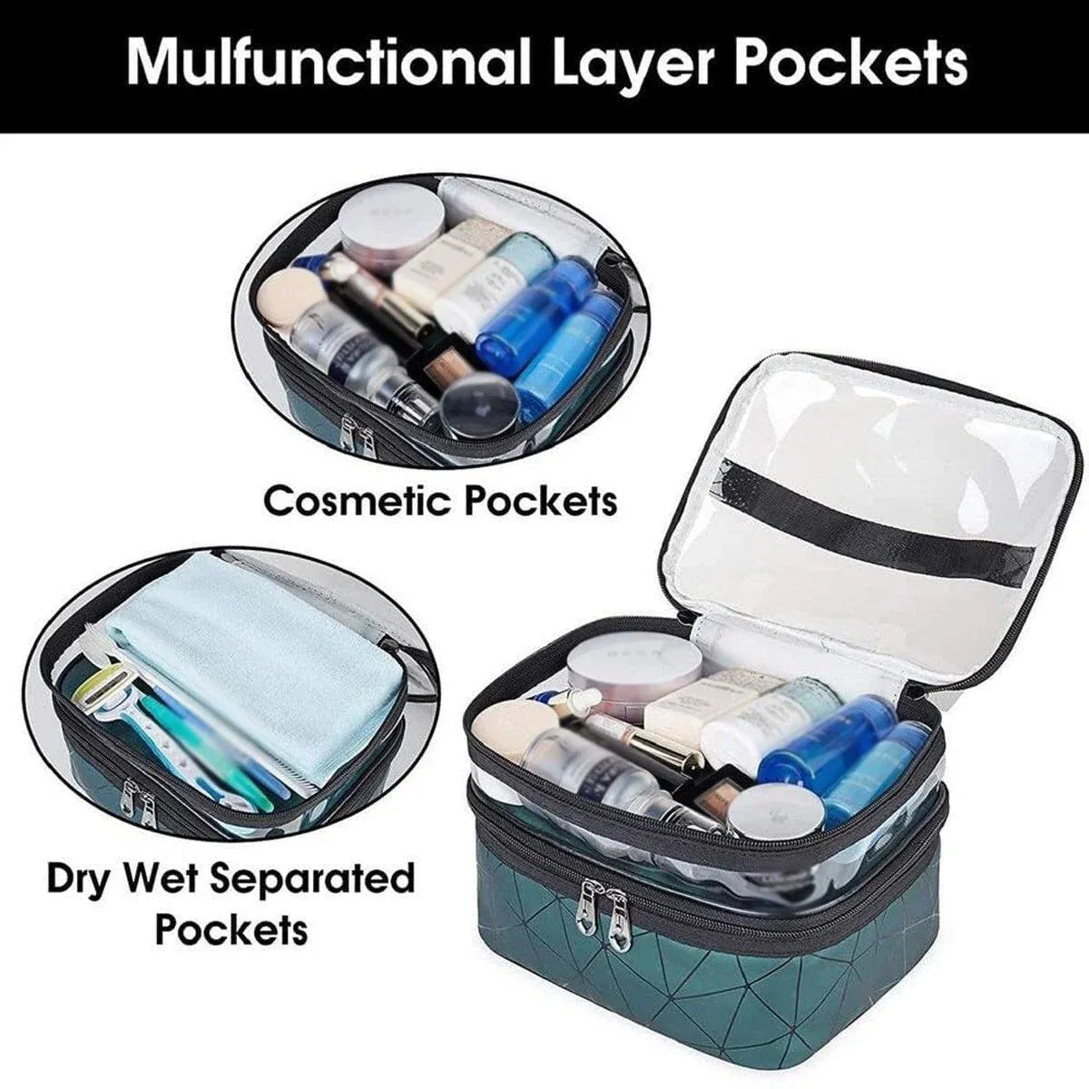 Portable Double-Layer Large Capacity Waterproof Cosmetic Bag Travel Toiletry Bag - Silver