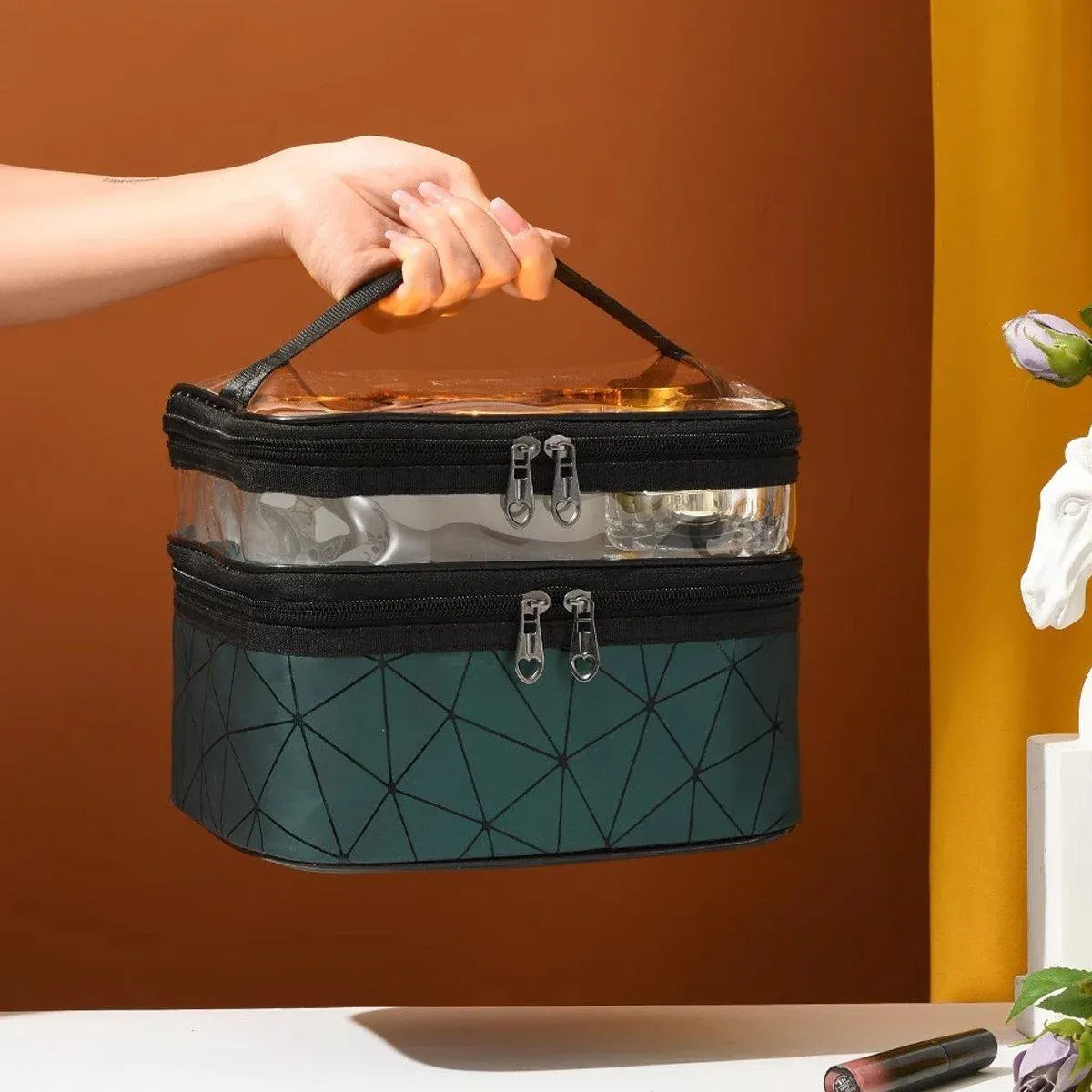 Portable Double-Layer Large Capacity Waterproof Cosmetic Bag Travel Toiletry Bag - Silver
