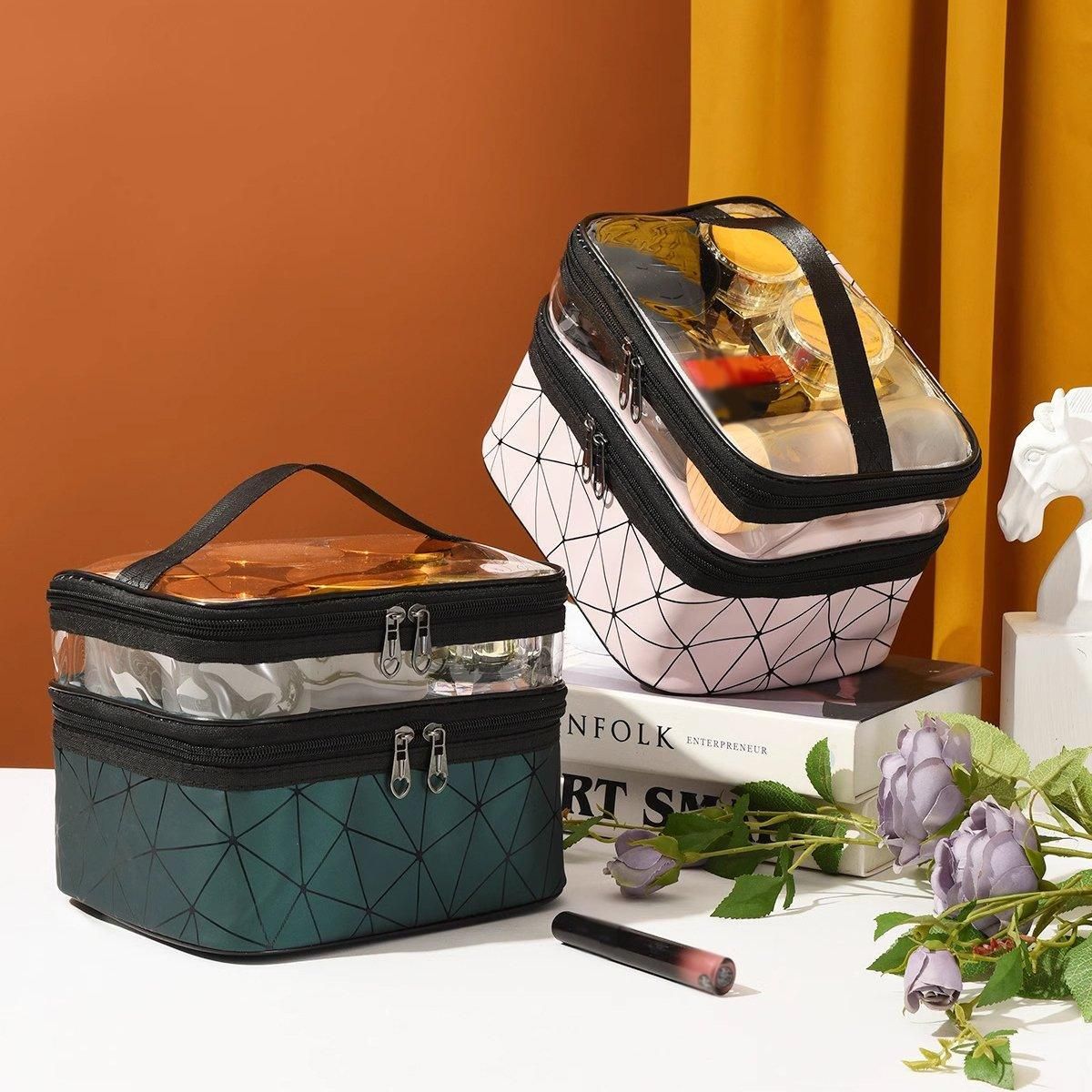 Portable Double-Layer Large Capacity Waterproof Cosmetic Bag Travel Toiletry Bag - Silver