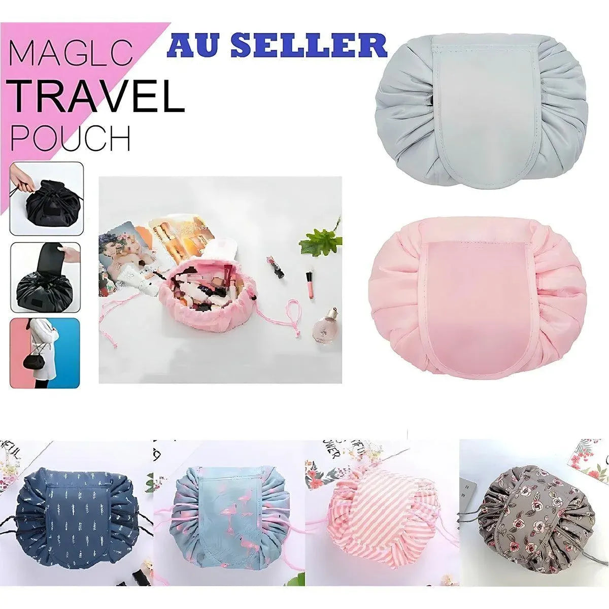 Portable Travel Makeup Bag Drawstring Cosmetic Pouch Lazy Storage Organiser Case - Green Flamingo