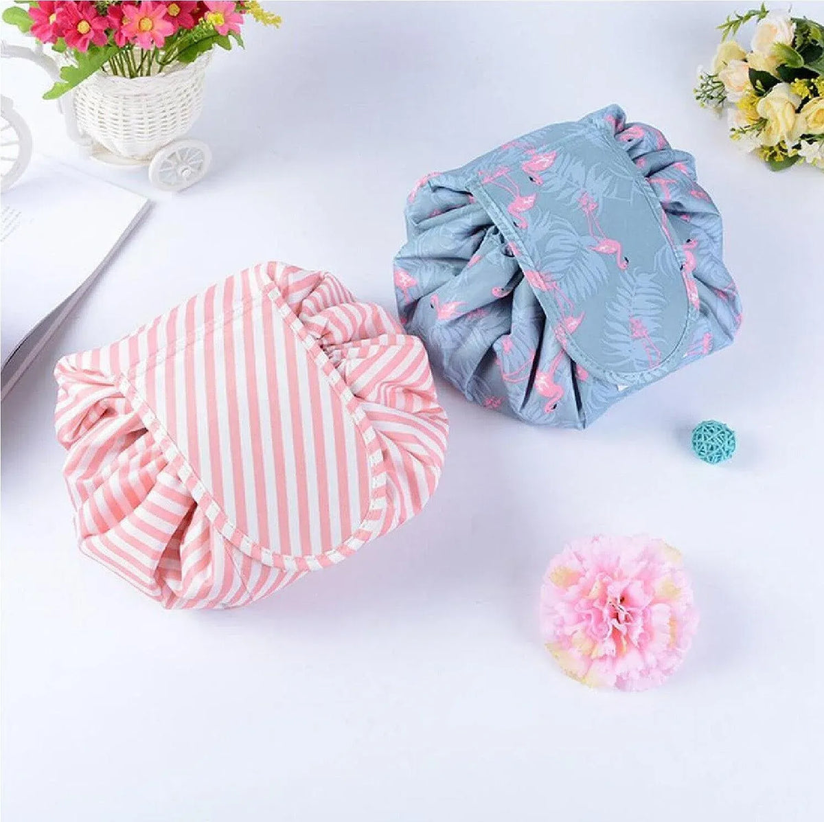 Portable Travel Makeup Bag Drawstring Cosmetic Pouch Lazy Storage Organiser Case - Green Flamingo
