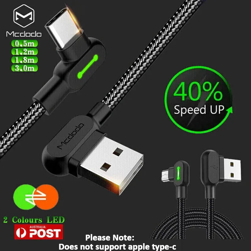 Mcdodo Fast Usb Cable Heavy Duty Charging Syn Charger Type-C 90 Degree Angle - 1.8m