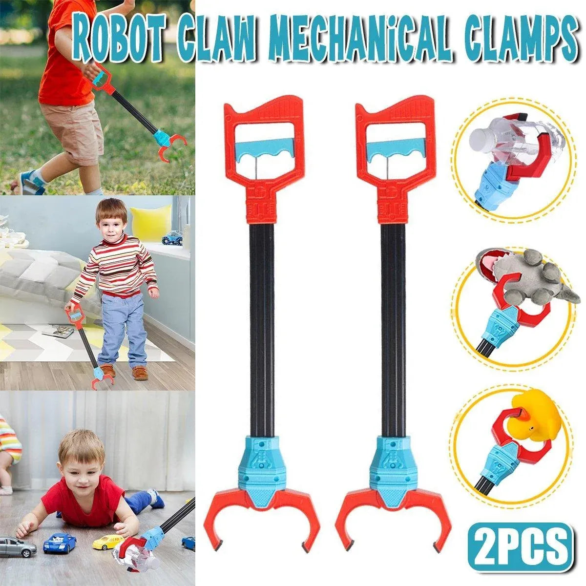 Two robot claw grabber toys with red handles, black shafts and red gripping claws