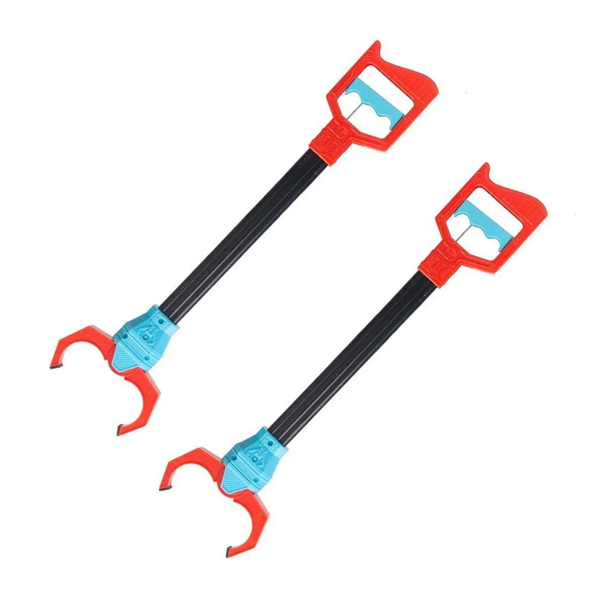 Two robot claw grabbers with red handles and claws, black shafts and blue joints