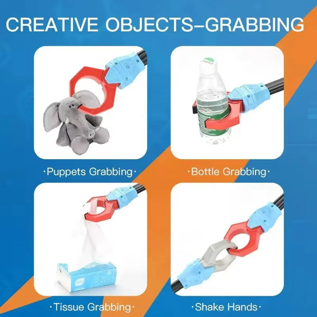Robot claw use collage showing the claw holding a soft toy, bottle and tissue, and meeting a hand
