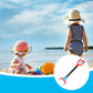 Beach scene with children and an inset showing a red and black robot claw grabber