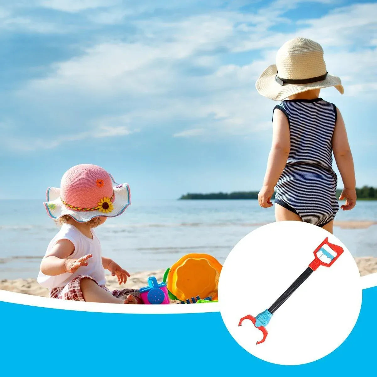 Beach scene with children and an inset showing a red and black robot claw grabber