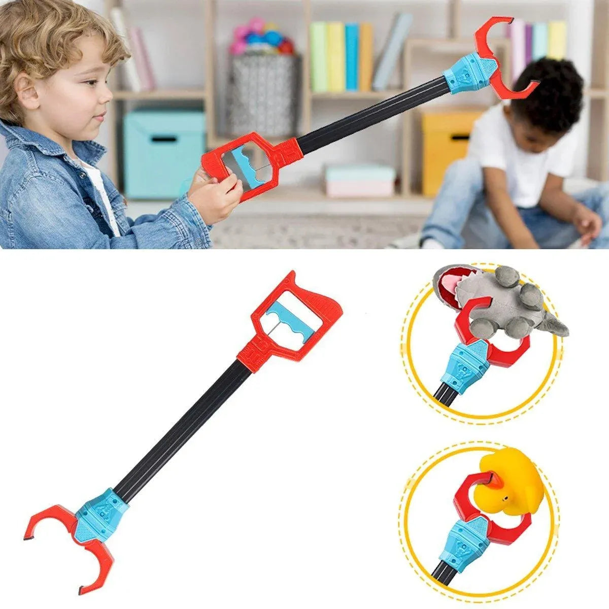 Robot claw collage showing a child using the grabber and close-ups gripping small toys