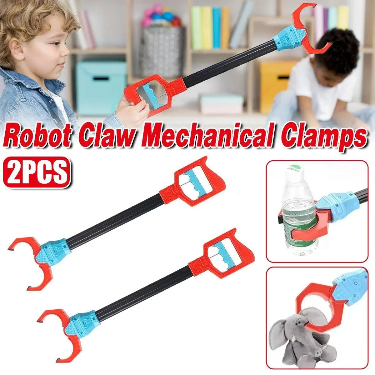 Two robot claw grabbers with insets showing a child, a bottle and a soft toy
