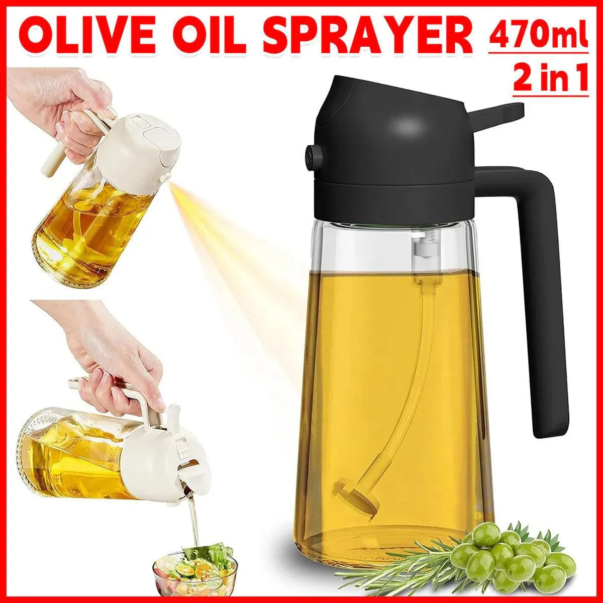 2-in-1 470ml Glass Oil Bottle Spray Pour Automatic Pressure Control Kitchen Tool - Black