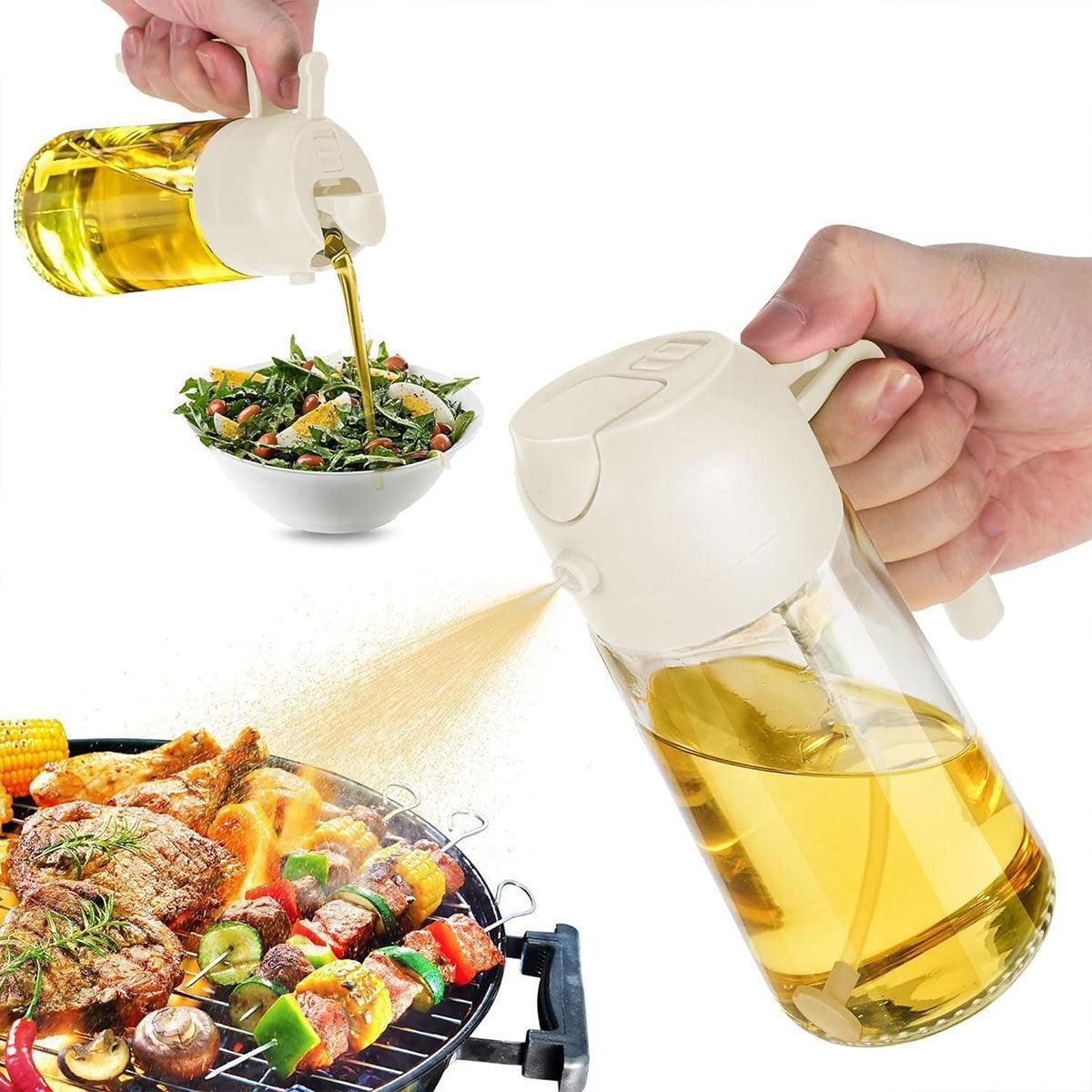 2-in-1 470ml Glass Oil Bottle Spray Pour Automatic Pressure Control Kitchen Tool - Black