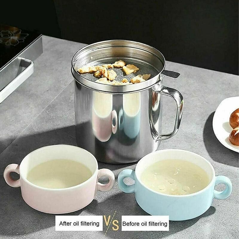 1.8L Stainless Steel Oil Filter Pot with Strainer Lid Grease Separator for Kitchen
