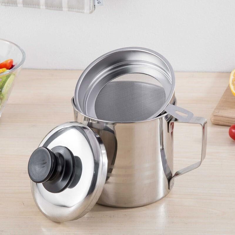 1.8L Stainless Steel Oil Filter Pot with Strainer Lid Grease Separator for Kitchen