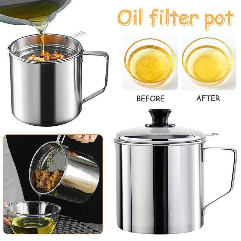 1.8L Stainless Steel Oil Filter Pot with Strainer Lid Grease Separator for Kitchen