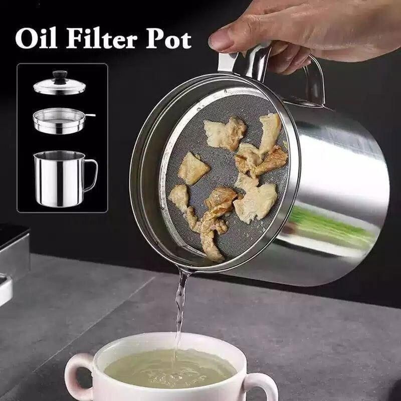 1.8L Stainless Steel Oil Filter Pot with Strainer Lid Grease Separator for Kitchen