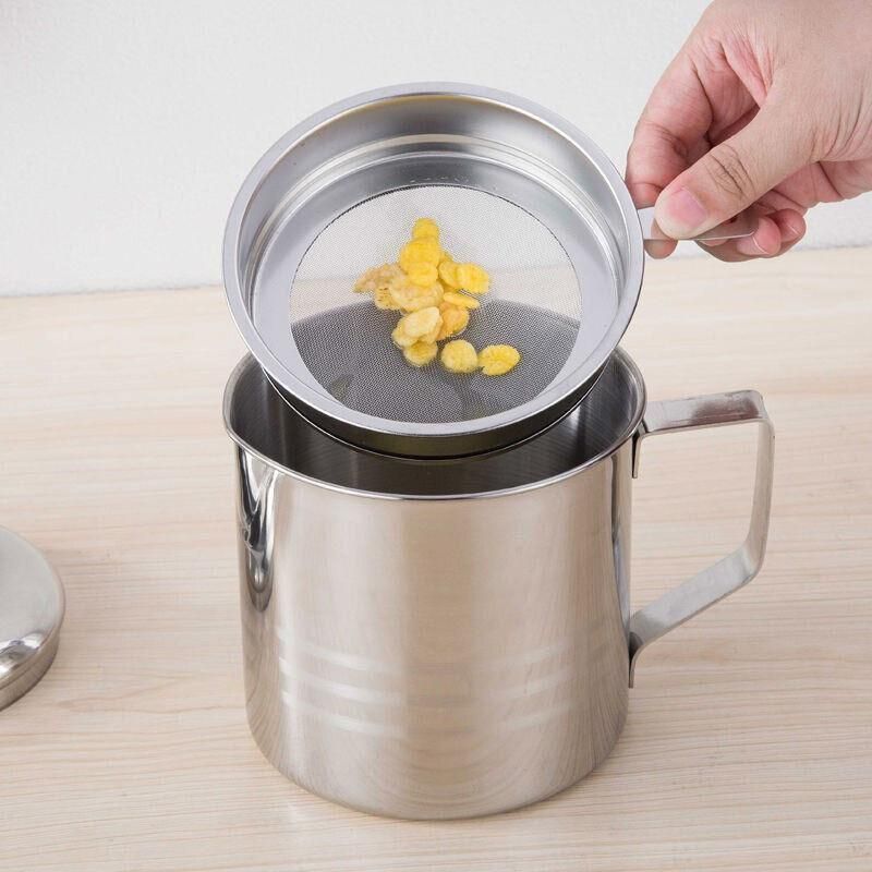 1.8L Stainless Steel Oil Filter Pot with Strainer Lid Grease Separator for Kitchen