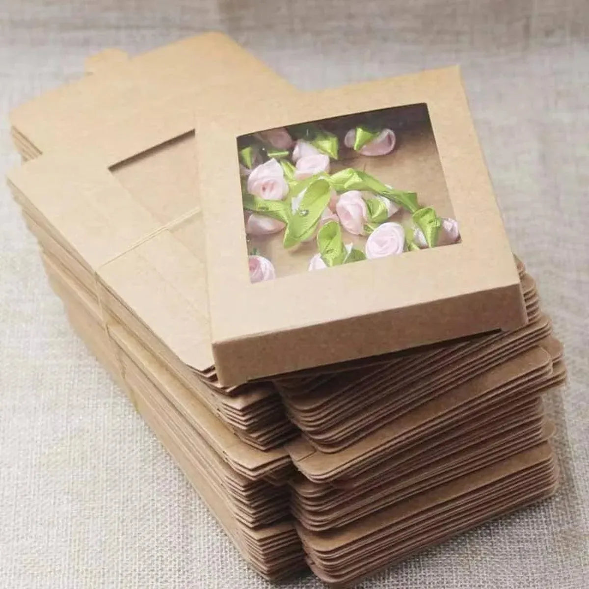 50PCS Kraft Paper Gift Boxes with PVC Window White Black Bakery Packaging Carton - L