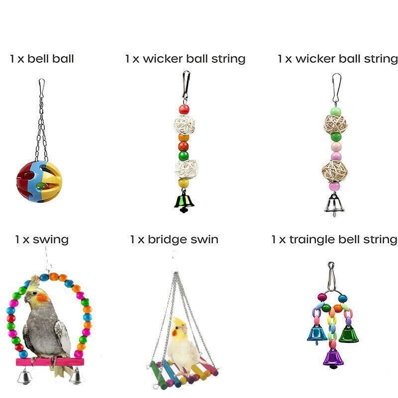10PCS Parrot Toys Set Swing Ladder Chew Bell Toys For Cockatiels Budgies