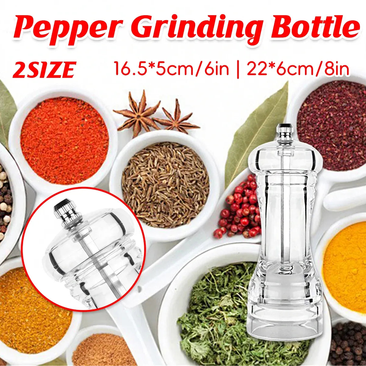Transparent Manual Spice Grinder Bottle Multi Purpose Seasoning Dispenser - 6inch