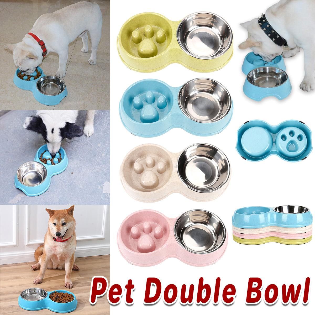 Dog Slow Feeder Double Bowl Pet Food and Water Dish - Green