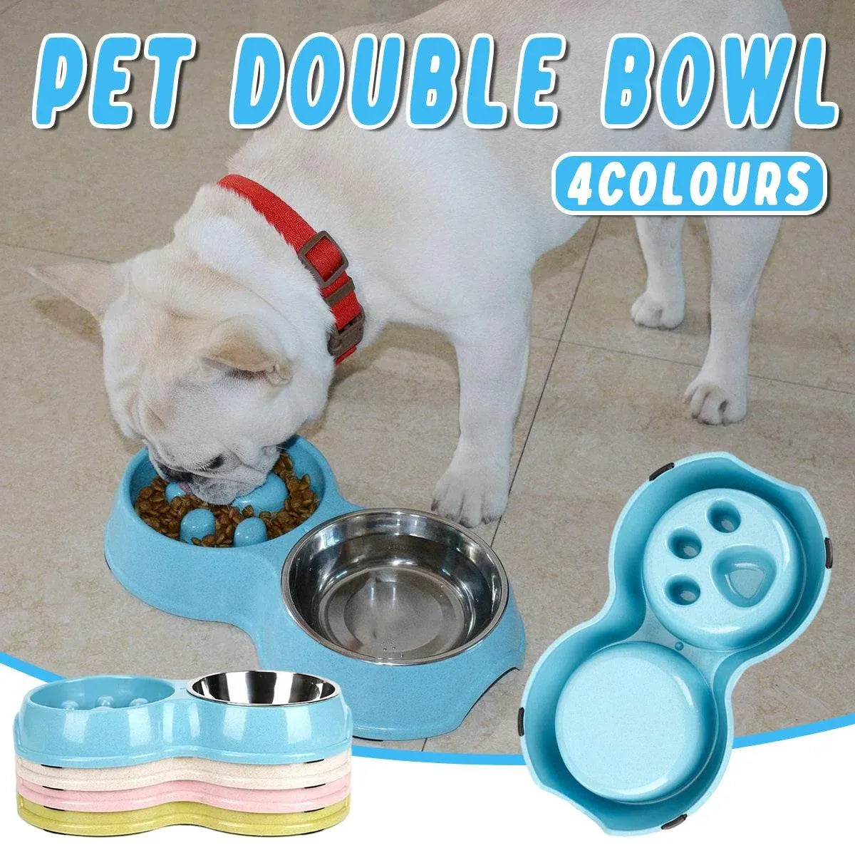 Dog Slow Feeder Double Bowl Pet Food and Water Dish - Green