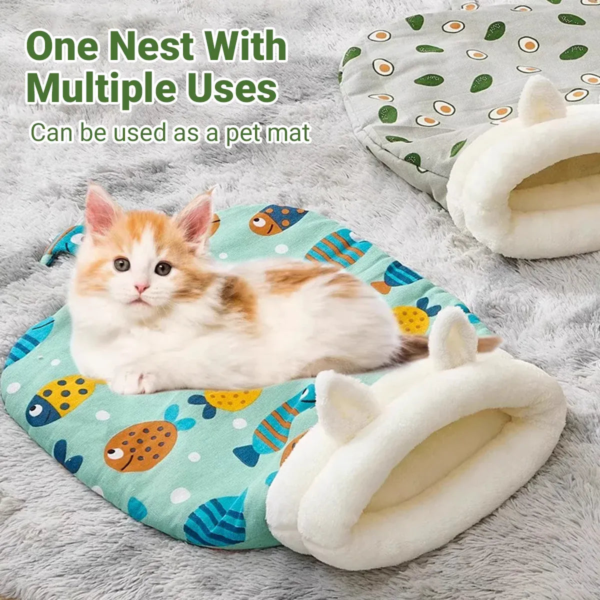 Semi Enclosed Warm Cat Sleeping Bag Comfortable Soft Fleece Pet Bed Easy Clean - Avocado