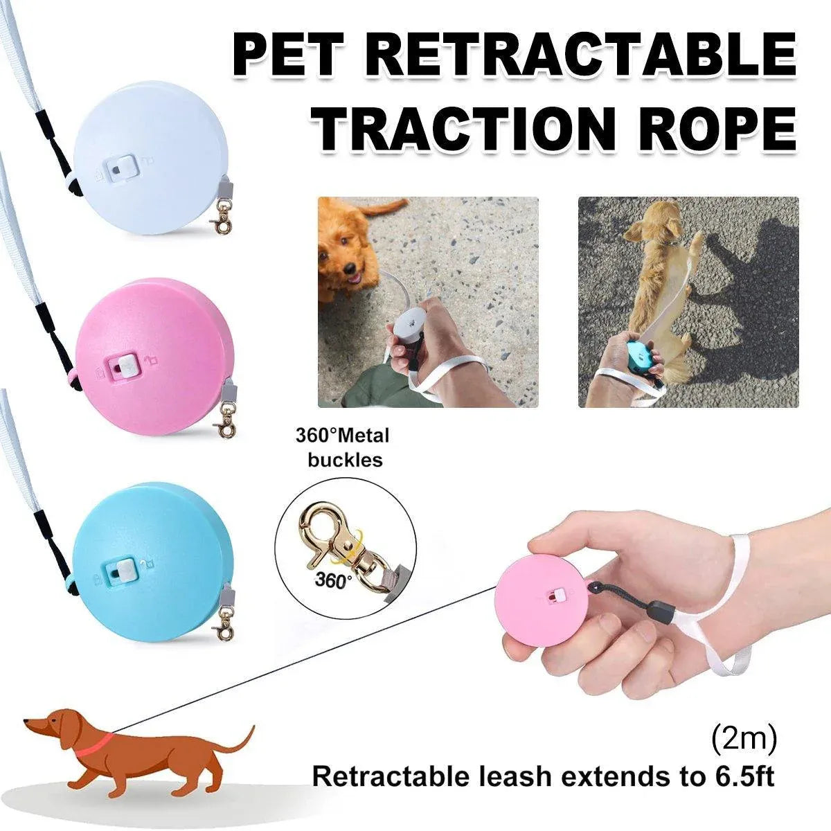 2M Outdoor Mini Retractable Leash Traction Rope Cats Dogs Durable - White