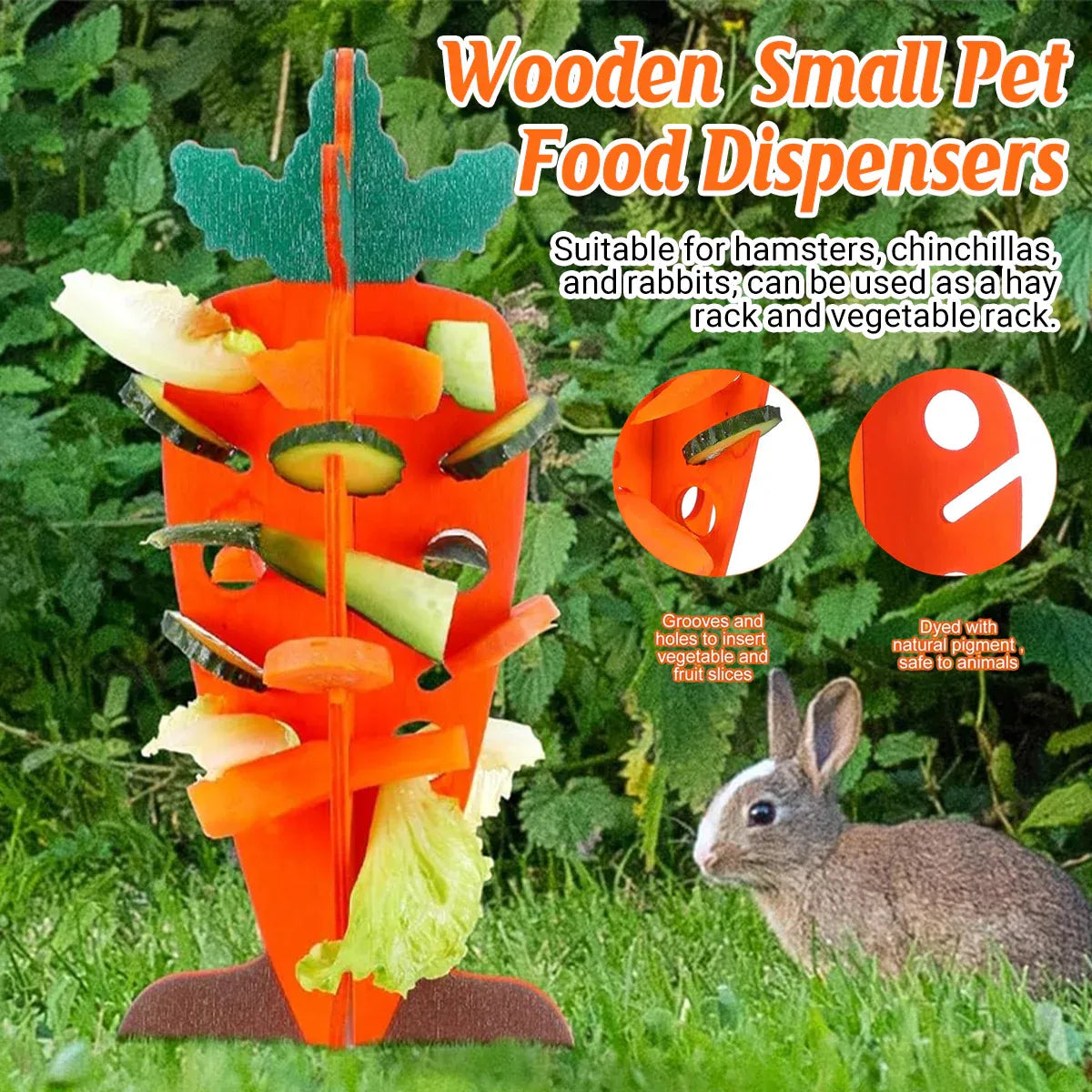 Carrot Shaped Wooden Food Dispenser Rabbit Toy Bunny Chew Enrichment Pet Toy
