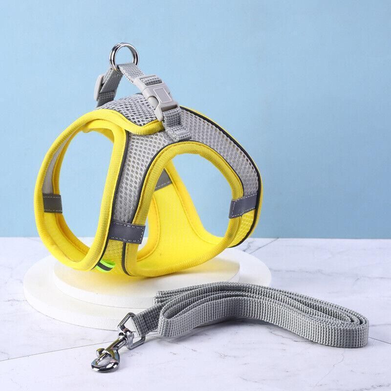 Pet Dog Harness Adjustable Reflective Breathable Outdoor Collars Strap Cat Leash Yellow - L