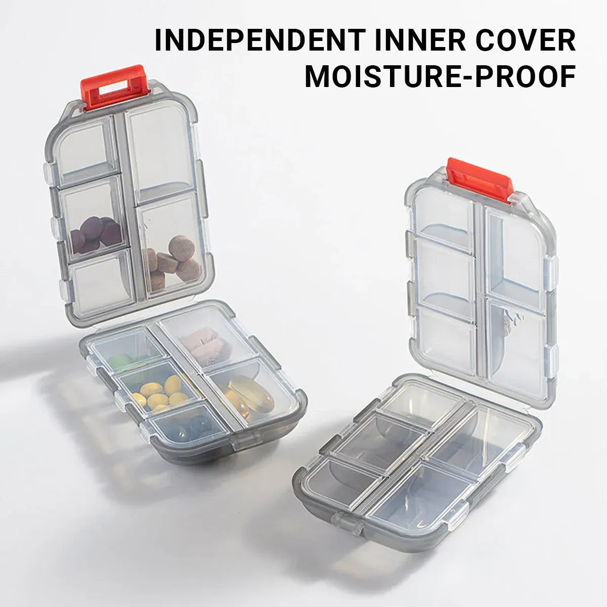 Small Pill Case Vitamin Holder Container 6/10Compartments Double Layer Holder - Red-2PCS