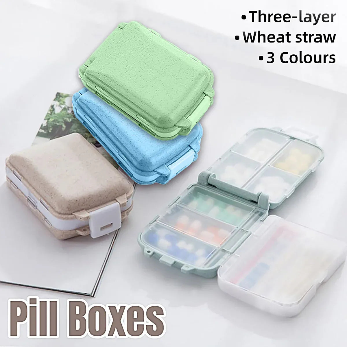 Three Layer Folding Medicine Box Portable 8 Cell Mini Pill Case Sealed Storage - Green
