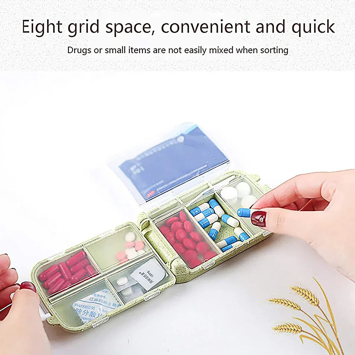 Three Layer Folding Medicine Box Portable 8 Cell Mini Pill Case Sealed Storage - Green
