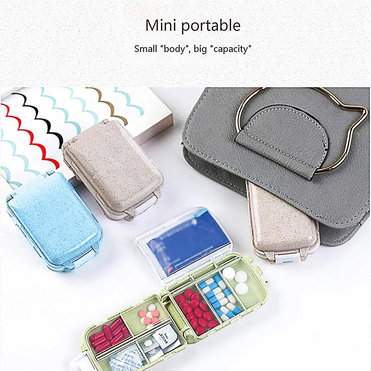 Three Layer Folding Medicine Box Portable 8 Cell Mini Pill Case Sealed Storage - Green