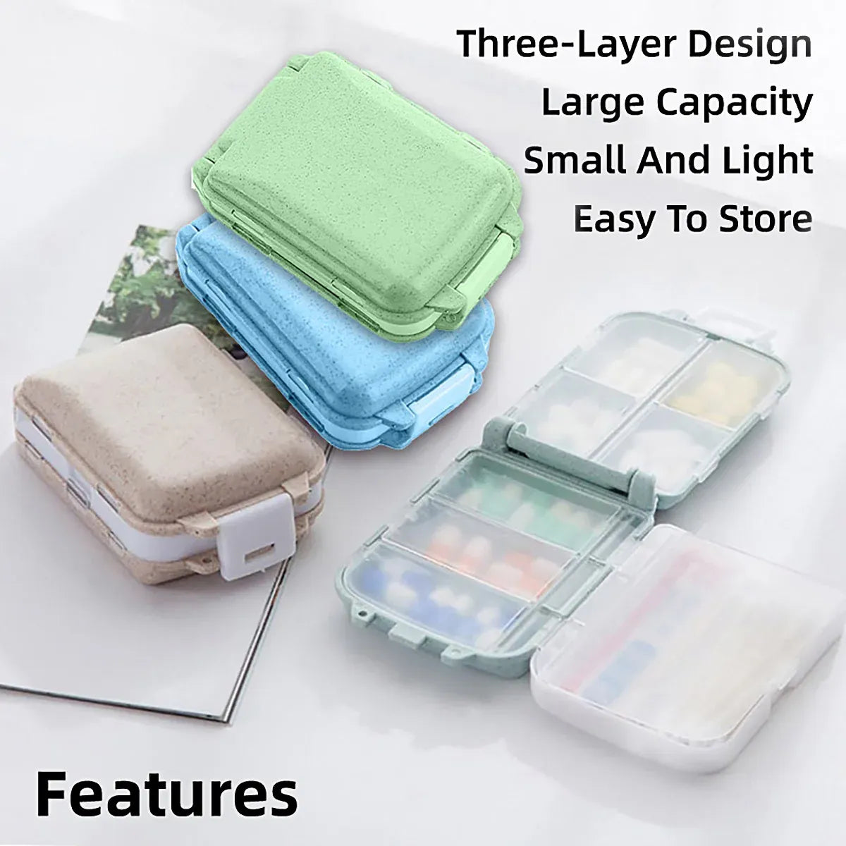 Three Layer Folding Medicine Box Portable 8 Cell Mini Pill Case Sealed Storage - Green