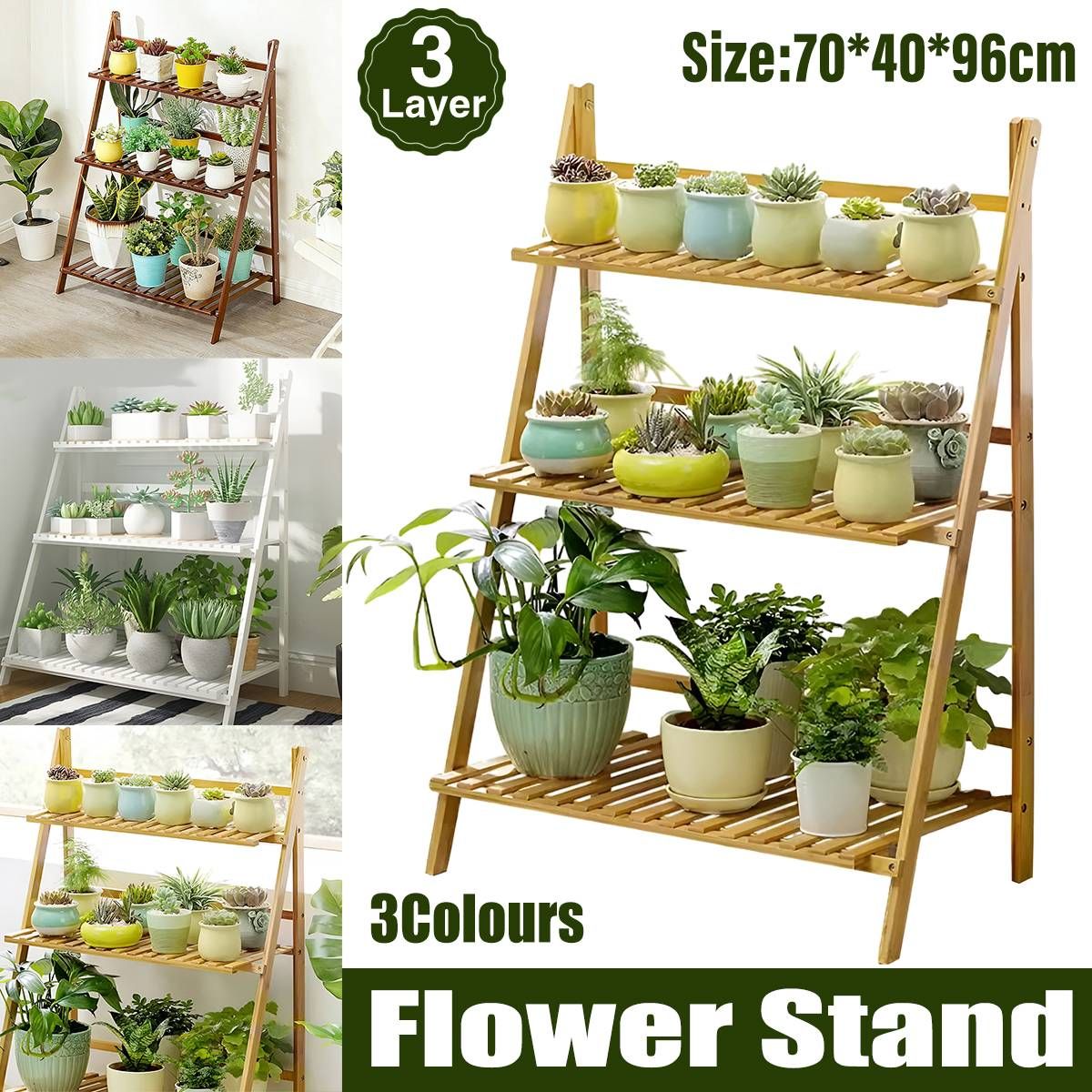 Balcony Plant Stand 3 Layer with Wooden Flower Pot Corner Stand
