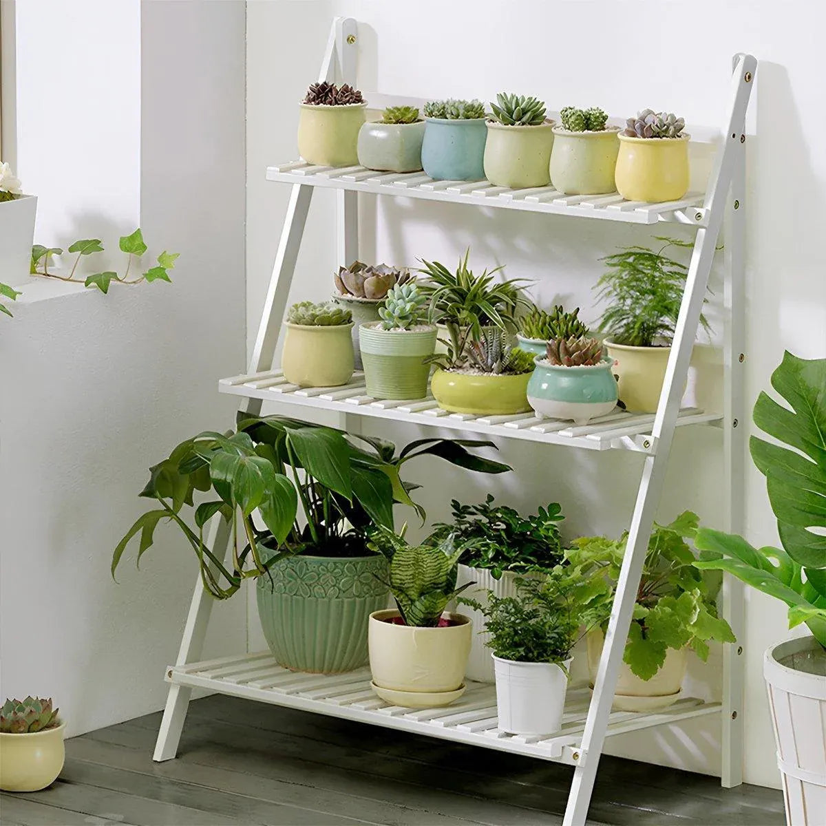 3 Layer Wooden Flower Pot Corner Stand White Log Foldable White 136985