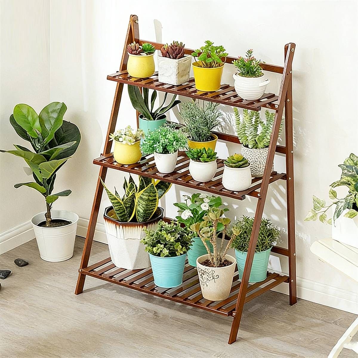 Wooden Flower Pot Corner Stand White Log Foldable White 136985 Balcony Plant