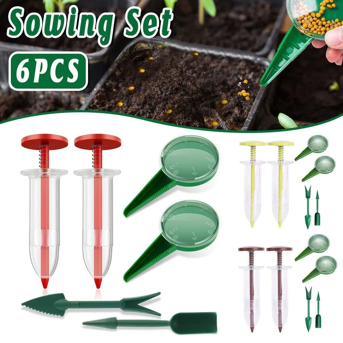 6PCS Garden Seeder Set Mini Seed Planting Tools Manual Seeder for Gardening - Yellow Green