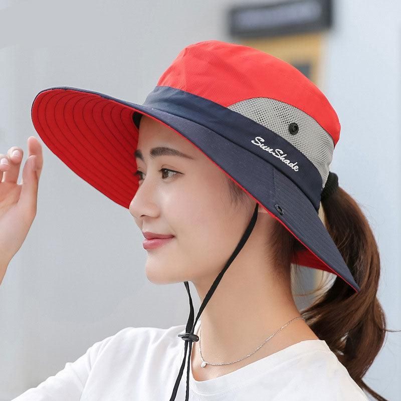 Women Wide Brim Ponytail Hat Sun Protect Visor Summer Beach Cap Anti Uv Floppy - Purple