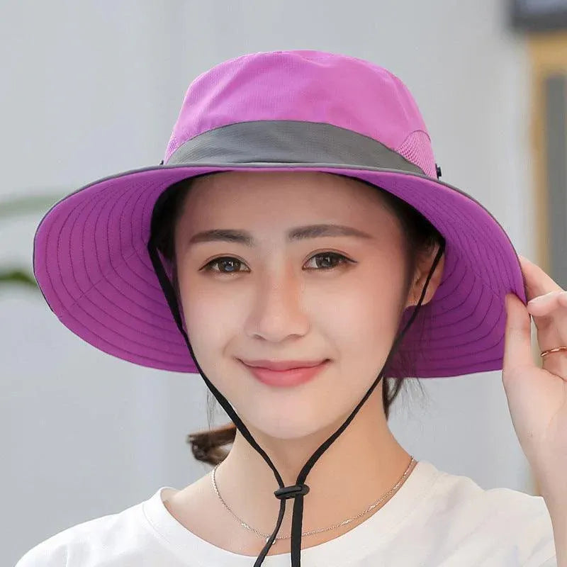 Women Wide Brim Ponytail Hat Sun Protect Visor Summer Beach Cap Anti Uv Floppy - Purple