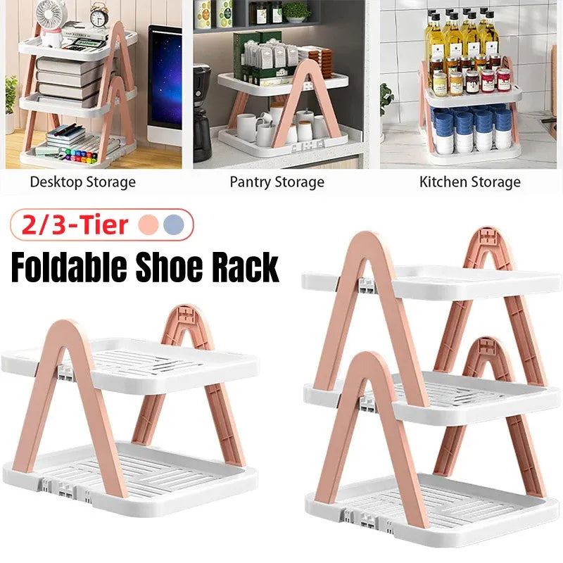 2/3 Tier Removable Shoe Rack Folding Storage Shelf Simple Space Saving Organizer - 3Tier-Pink