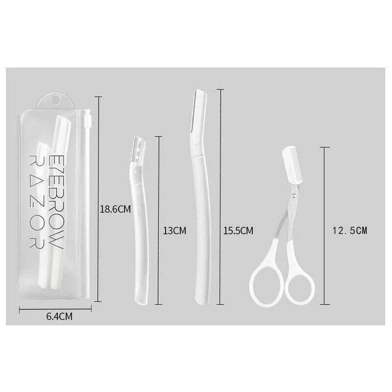 3Pcs Eyebrow Razor Set Facial Trimmer Shaver Blade Hair Remover Beauty Tool - 2X Eyebrow Razor+Scissor-White