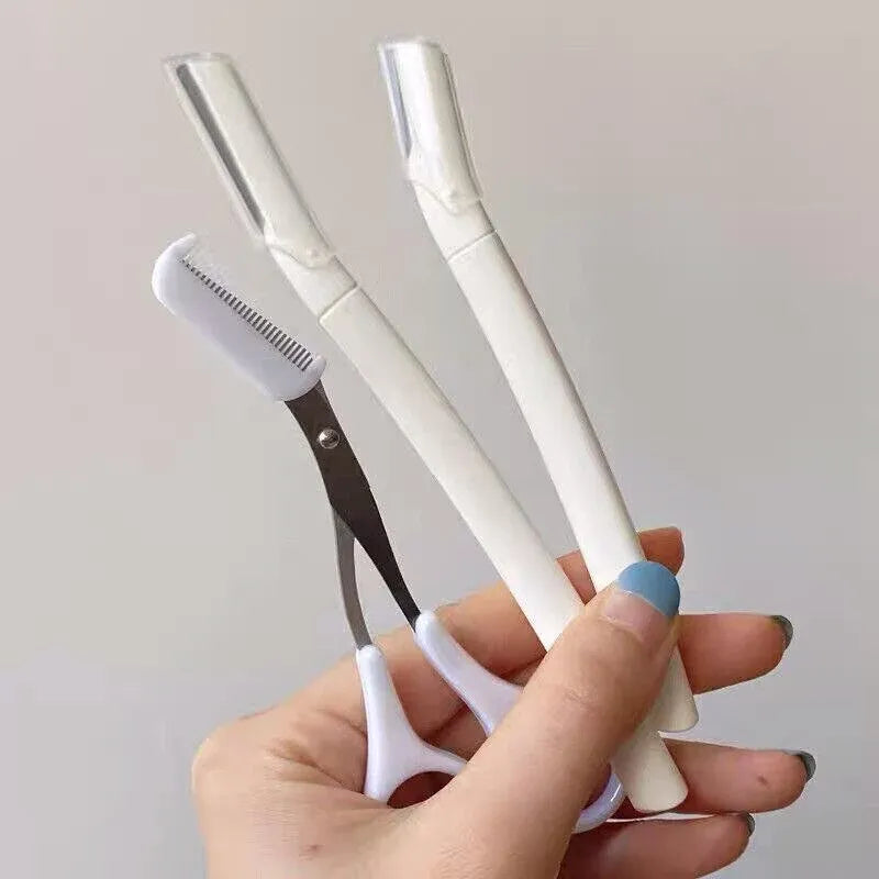 3Pcs Eyebrow Razor Set Facial Trimmer Shaver Blade Hair Remover Beauty Tool - 2X Eyebrow Razor+Scissor-White