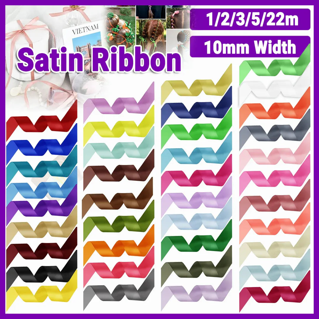 10mm Width Satin Hair Ribbon Wedding Party Decoration Gift Banquet 22m - Gold