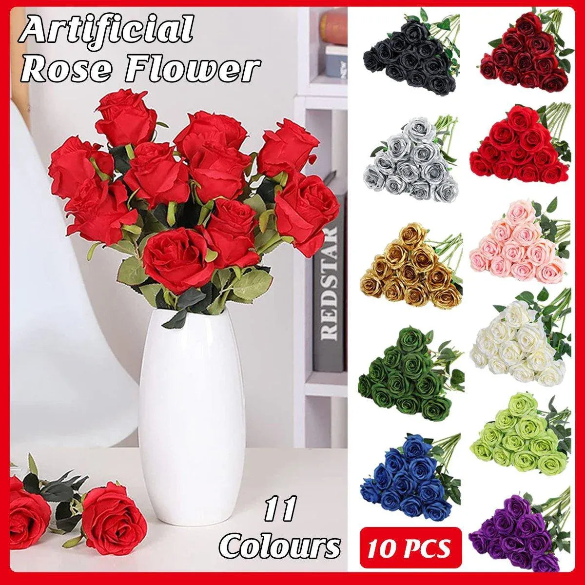 10pcs Artificial Silk Simulation Rose Flowers BLACK 01