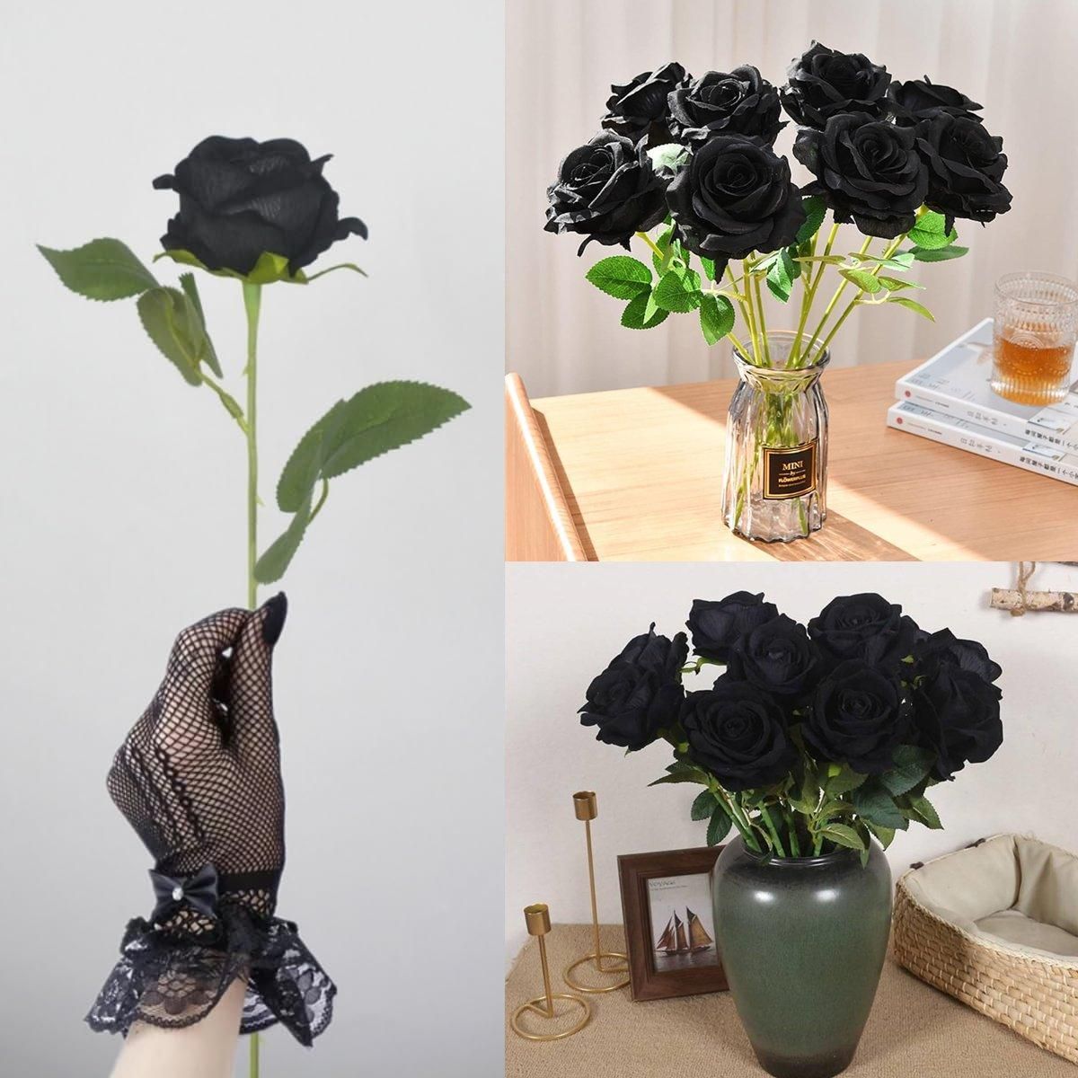10pcs Artificial Silk Simulation Rose Flowers - Wedding Party Home Decorations - Black