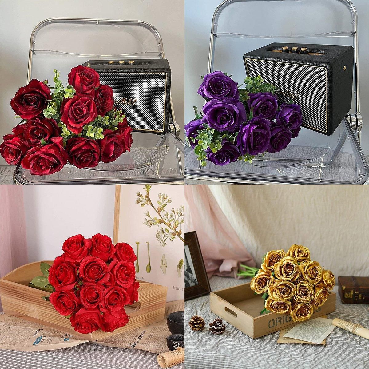 10pcs Artificial Silk Simulation Rose Flowers - Wedding Party Home Decorations - Silver