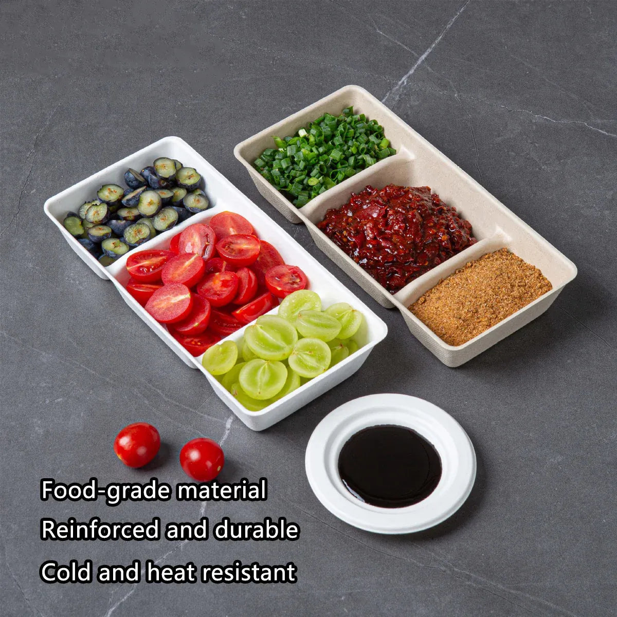 30PCS Disposable Pulp Three-Compartment Dip Box for Sushi BBQ Sauce Condiment - White