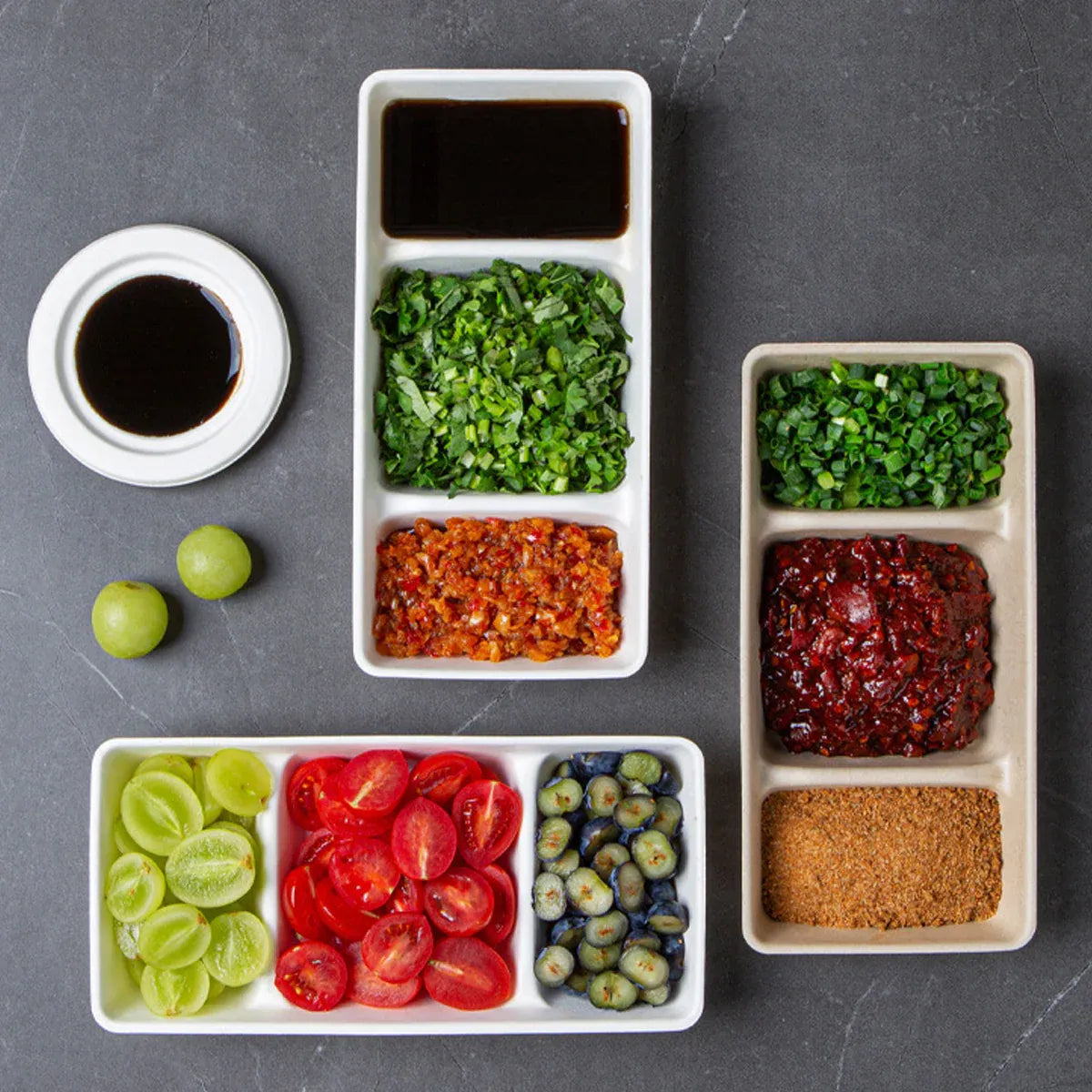 30PCS Disposable Pulp Three-Compartment Dip Box for Sushi BBQ Sauce Condiment - White